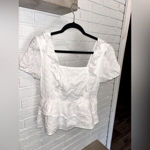 Juniors Size Large White Puffy Sleeve Eyelet Babydoll Layered Crop Top